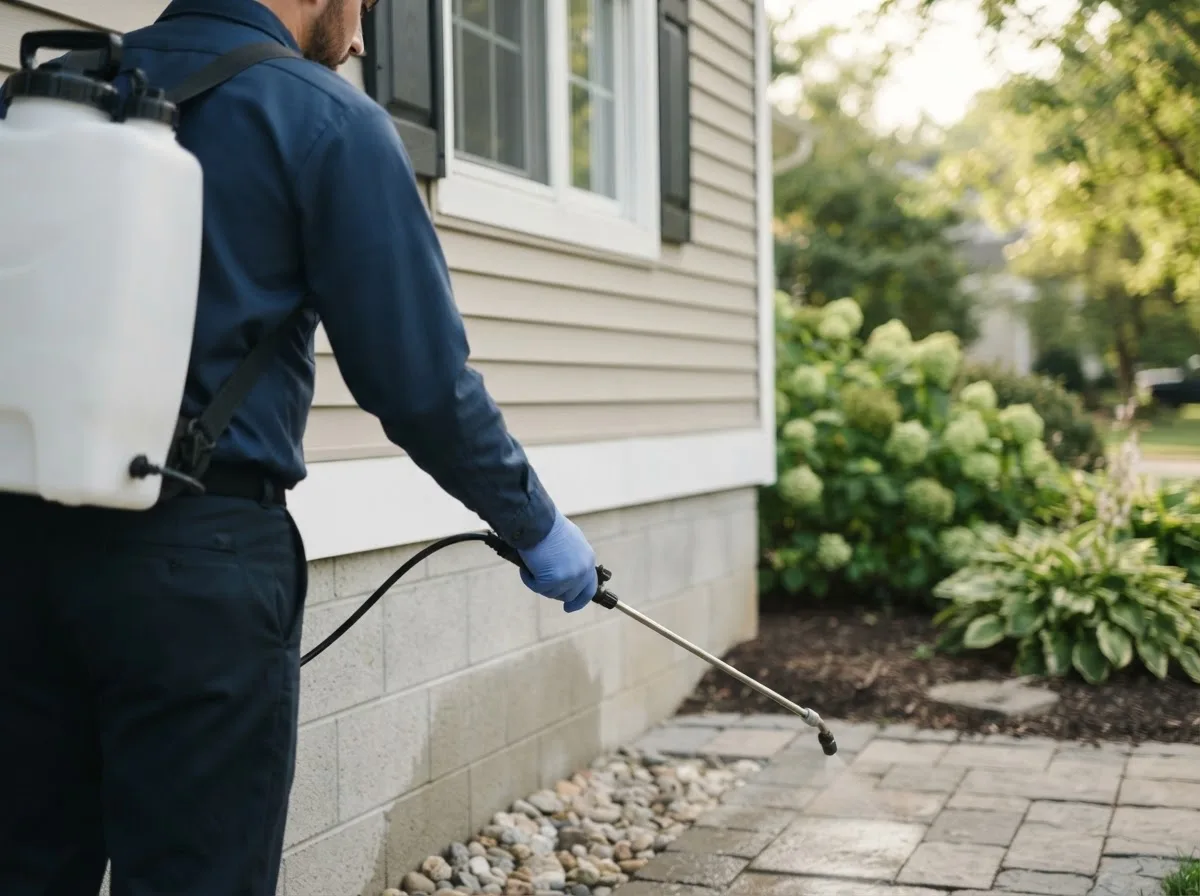 Pest control technician inspecting a home in Kanawha Head, WV